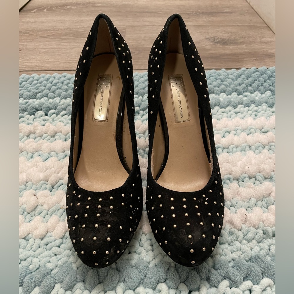 Black Suede Platform Heels with Gold Studs